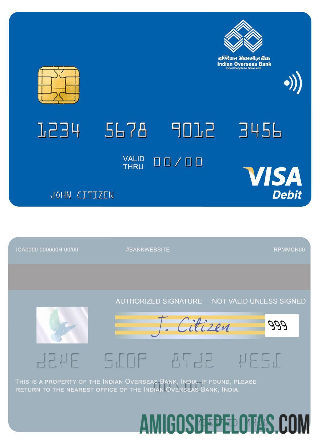 Cartão de débito Visa Indian Overseas Bank exemplo